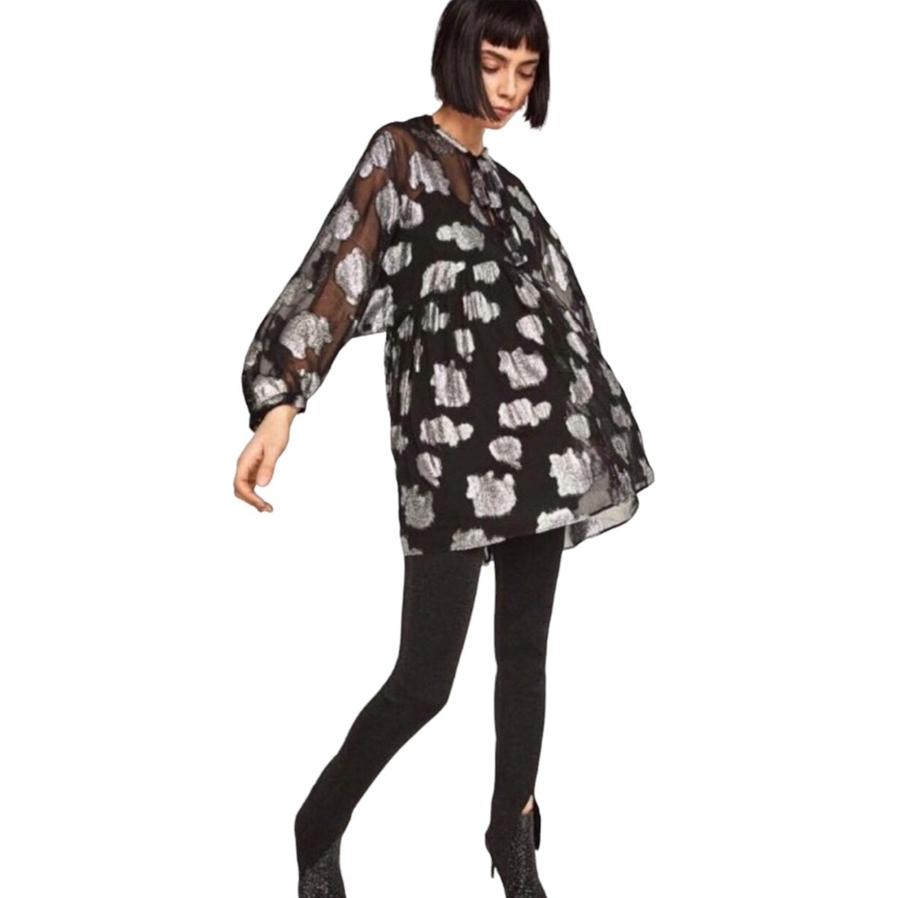 Zara Silver Foil Rose Black Mini Dress